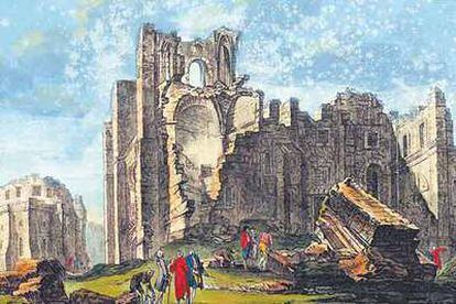 Un grabado del Museo Municipal de Lisboa que muestra las ruinas de la catedral tras el terremoto.