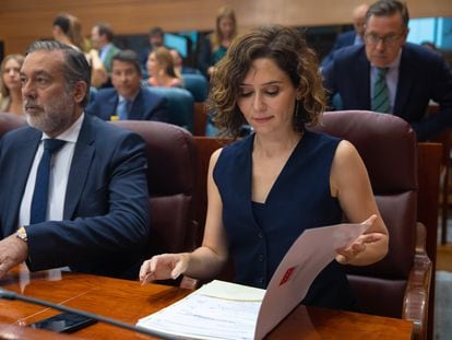 La presidenta de la Comunidad de Madrid, Isabel Díaz Ayuso, durante el pleno del jueves en la Asamblea de Madrid.