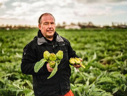 El agricultor Xavi Oliva en su campo de alcachofas en El Prat de Llobregat (Barcelona).