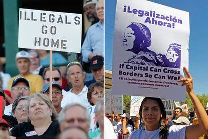 Manifestaciones en Phoenix a favor (izquierda) y en contra de la ley de Arizona.