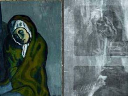 A la izquierda, &#039;La pobreza agazapada&#039;, de Picasso. A la derecha, los rayos X muestran la obra oculta. 