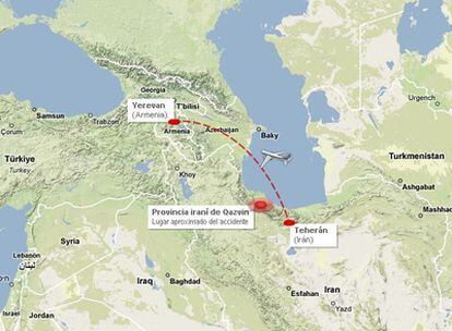 Mapa de la ruta del avión y la zona del accidente.