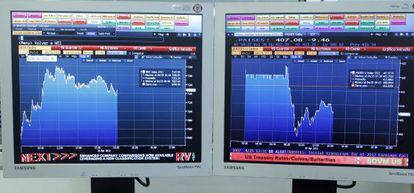 Imagen de dos pantallas de ordenador en el palacio de la Bolsa de Madrid que indican la evoluci&oacute;n del IBEX 35 