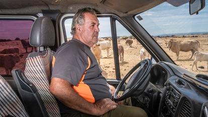 Jorge Izquierdo, en su camión mientras realiza el reparto de paja y pienso a su ganado.