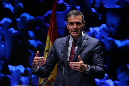 El presidente del Gobierno, Pedro Sánchez, interviene en la inauguración del IV Congreso Iberoamericano del Consejo Empresarial Alianza por Iberoamérica (CEAPI), este lunes en Madrid.