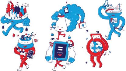 Representación de seis de los Objetivos de Desarrollo Sostenible diseñados por los hermanos Pingarro para el World Mobile Congress de Barcelona.