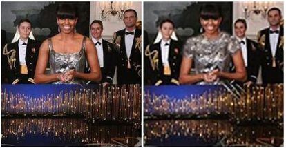 Michelle Obama, durante la entrega de los Oscar, y a la derecha su imagen modificada.