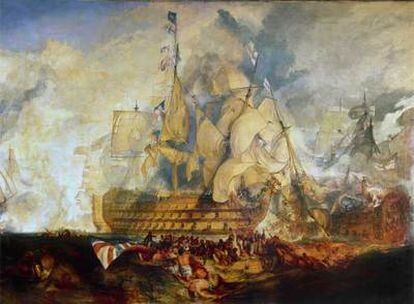 <i>Batalla de Trafalgar, </i>de William C. Turner. Abajo, Michel Maffiotte y la reproducción de una página de sus memorias.