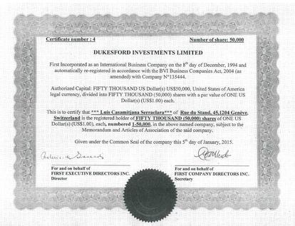 Documento que acredita a Llu&iacute;s Casamitjana como propietario de Dukesford Investments