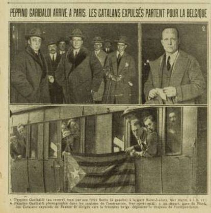 Portada del diari 'Excelsior' del 17 de novembre del 1926. Peppito Garibaldi i catalans desplegant una estelada al tren que els duria a Bèlgica.