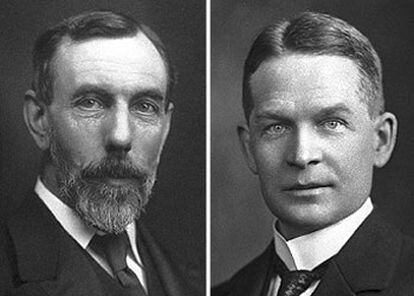 William Ramsay (izquierda) y Frederick Soddy.