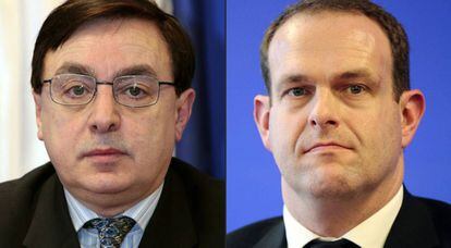 El dirigente del Frente Nacional dimisionario Jean-Fran&ccedil;ois Jalkh (izquierda) y su sustituto provisional en el partido de Le Pen Steeve Briois.