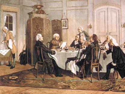 'Kant y sus camaradas en la mesa' (1900), de Emil Doerstling. Grabado en madera coloreada por Klose & Wollmerstaedt.