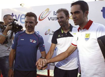 Contador, Purito y Valverde, en la presentaci&oacute;n de la Vuelta.