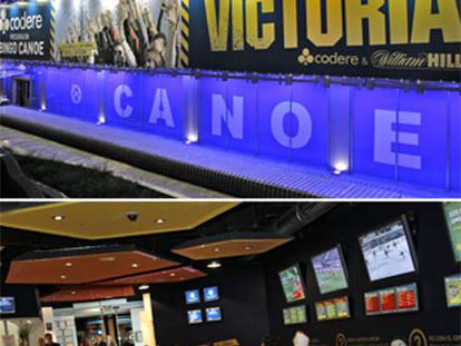 La sala Victoria, en el bingo Canoe de Madrid, donde algunos clientes (abajo) celebran haber ganado su apuesta.