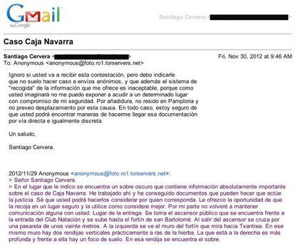 E-mail que recibió Santiago Cervera citándole para entregarle documentación sobre la Caja de Navarra y su respuesta.