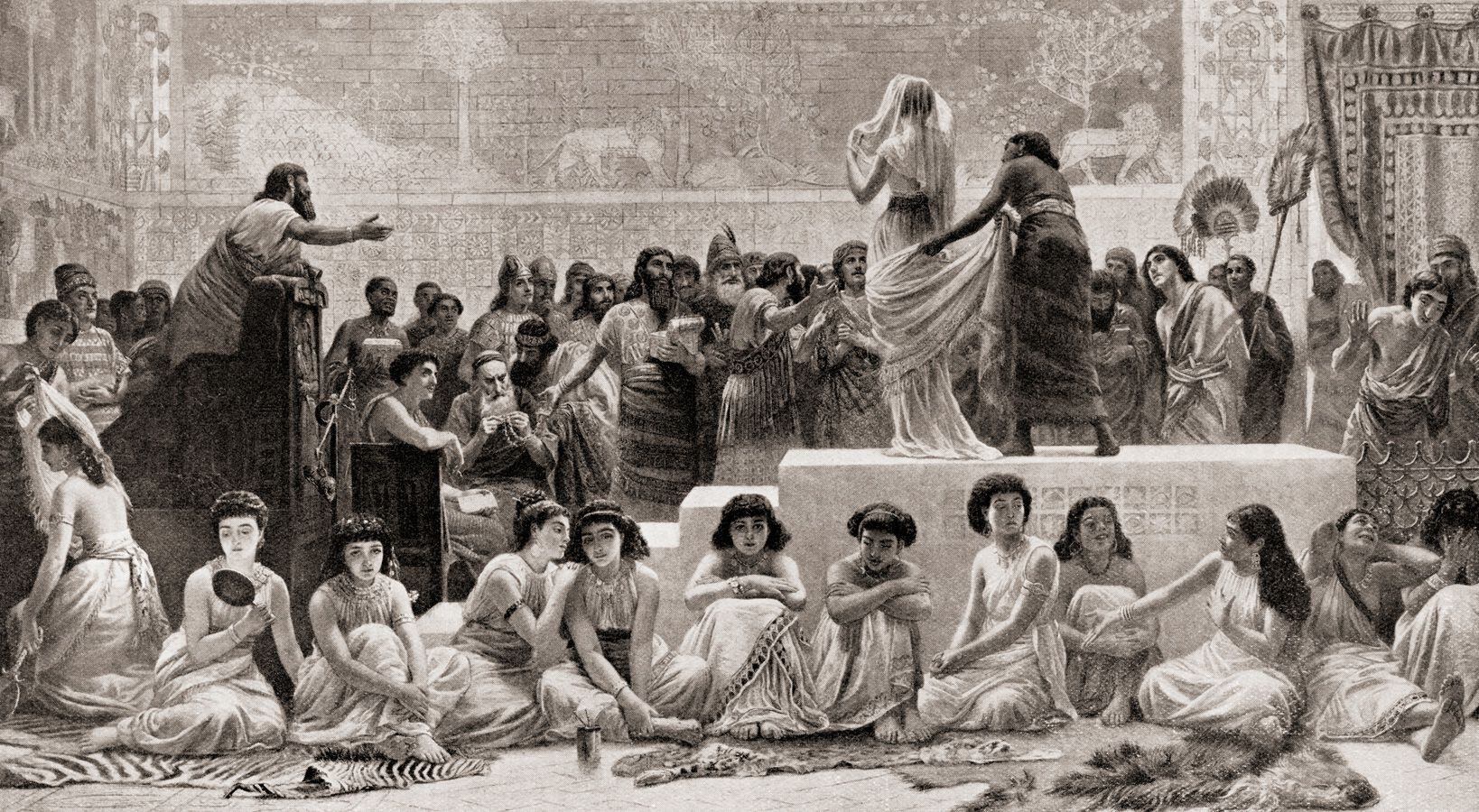 Imagen que representa la venta de mujeres esclavas en la antigua Mesopotamia.