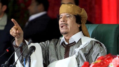 Muamar El Gadafi, en Trípoli, el 2 de marzo de 2011, durante la celebración del 34º aniversario de la creación del Comité General del Pueblo.