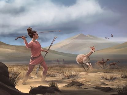 La ilustración muestra a una cazadora andina con su atlatl, un lanzavenablos anterior a la aparición del arco y la flecha.