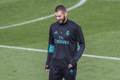 Karim Benzema en el último entrenamiento previo al partido contra el Eibar.