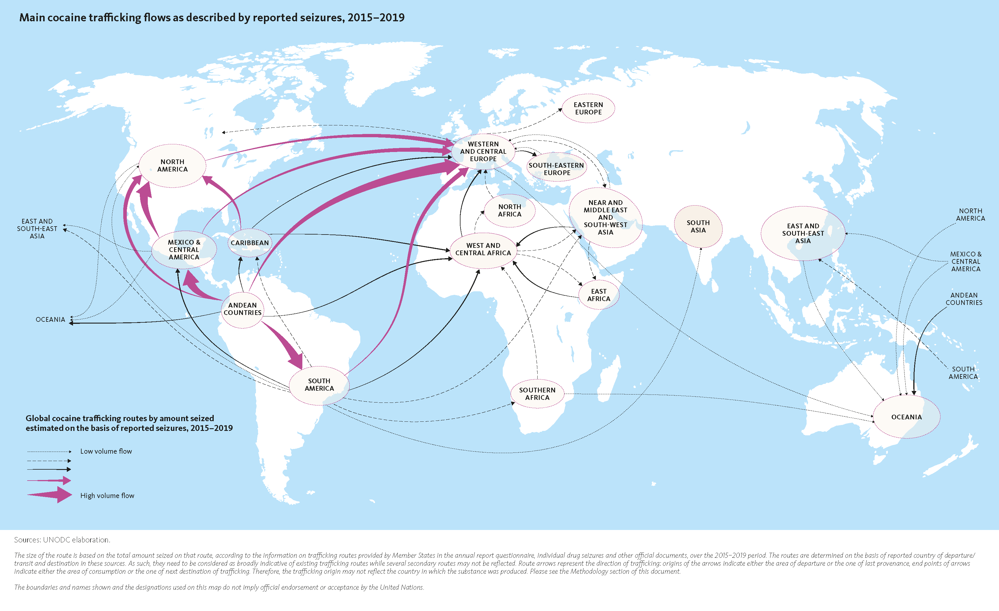 Mapa de las rutas mundiales de tráfico de cocaína, según la ONU.