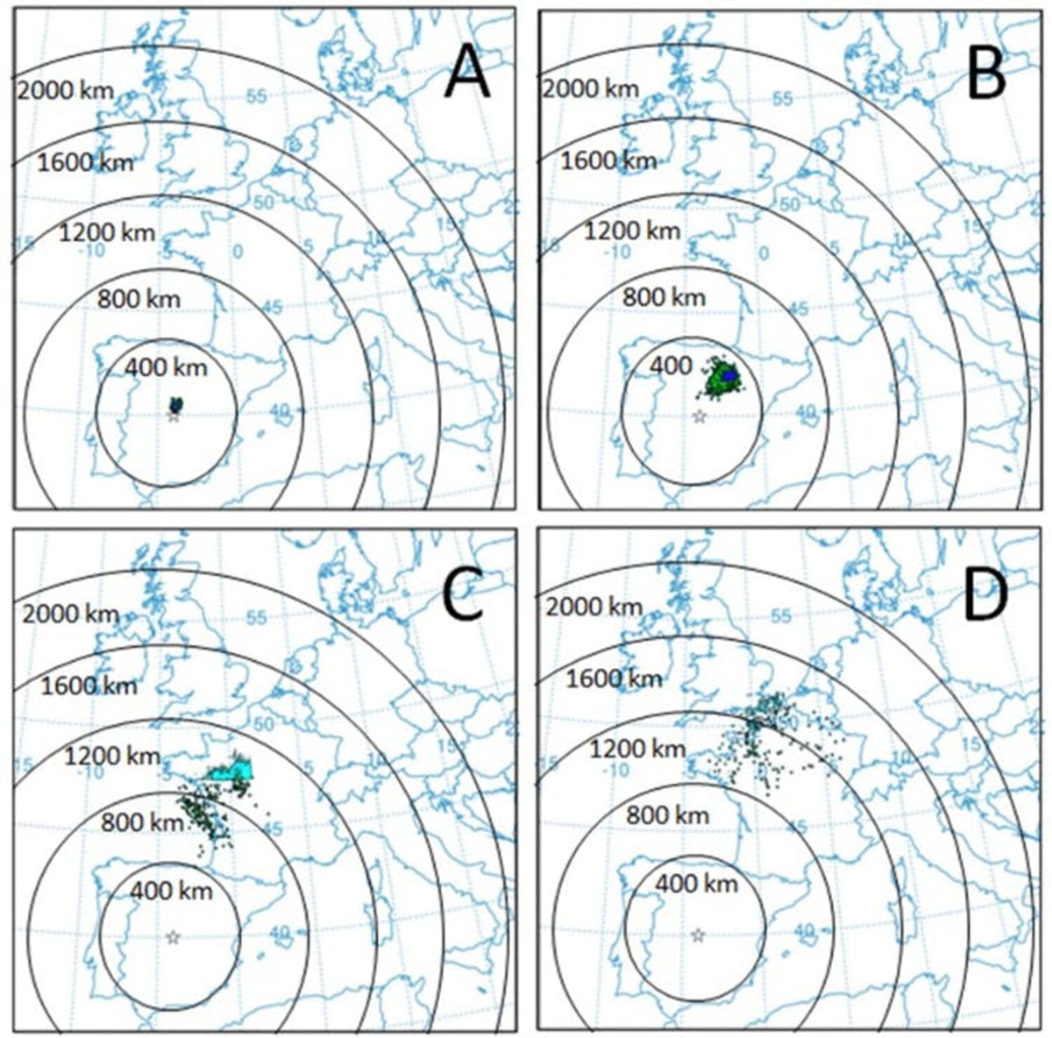Simulación del patrón de depósito de los microplásticos hallados sobre Madrid al cabo de 1 h (A), 12 h (B), 24 h (C) y 36 h (D). Los colores azul-turquesa-verde representan órdenes de magnitud decreciente en tasa de depósito expresada como microplásticos por metro cuadrado y día.