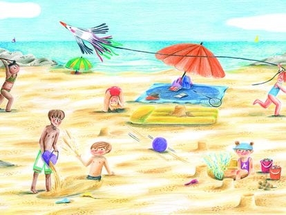 Ilustración de interior del libro infantil 'Vamos a la playa', de Verónica Fabregat, editado por Akiara Books.