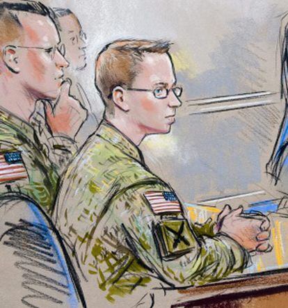 Interpretación artística del soldado estadounidense Bradley Manning, durante la primera audiencia judicial.
