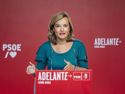 La portavoz del PSOE, Pilar Alegría, ofrece una rueda de prensa tras la reunión de la Comisión Ejecutiva Federal del PSOE, en la sede de Ferraz, a 30 de agosto de 2023, en Madrid .