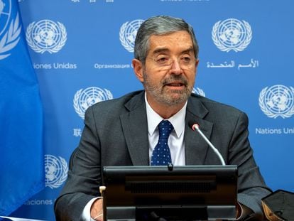 El representante permanente de México, Juan Ramón de la Fuente, habla este lunes en la sede de Naciones Unidas.