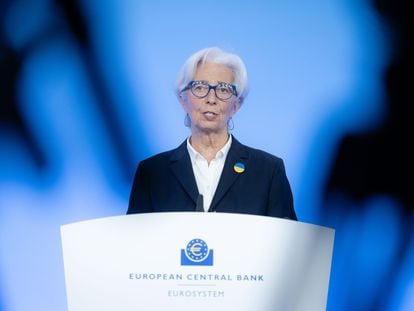 La presidenta del BCE, Christine Lagarde, durante una confería el 10 de marzo.

 
Andrej Hanzekovic / BCE