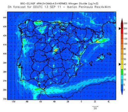 Estado de la calidad del aire en la medianoche del 13 al 14, cuando los niveles de NO2 estaban muy altos en Madrid.