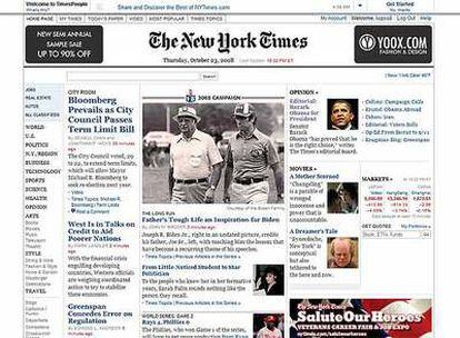 Imagen de la página de 'The New York Times' donde figura el editorial que muestra el apoyo del periódico a Obama.