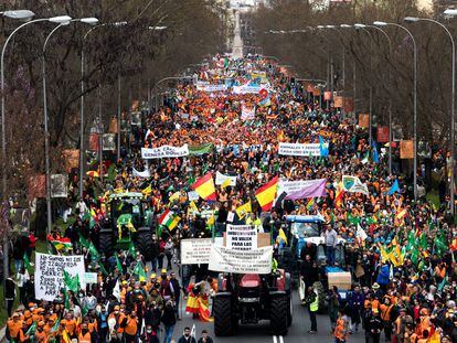 Miles de agricultores y ganaderos se manifiestan por las calles de Madrid para impulsar medidas en favor del campo.