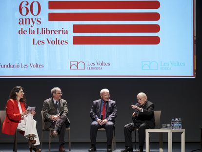 Els expresident Quim Torra (e), Jose Montilla (c) i Jordi Pujol, a la celebració de la Fundació Llibreria Les Voltes de Girona.