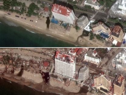 Vista satelital del hotel Krystal Beach, en el puerto de Acapulco, el 4 de octubre de 2023, y el pasado 26 de octubre, tras el paso del huracán 'Otis'.