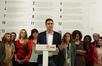  El secretario general del PSOE, Pedro S&aacute;nchez, durante su intervenci&oacute;n en el acto celebrado en Madrid.