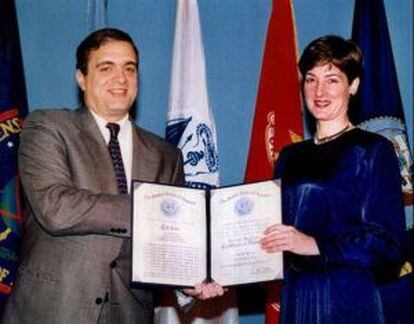 Ana Belén Montes receives a diploma from CIA director George Tenet in 1997.