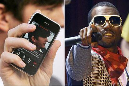 A la izquierda, el rey del <i>twitteo</i> y actor Ashton Kutcher. Arriba, el rapero Kanye West durante una actuación.