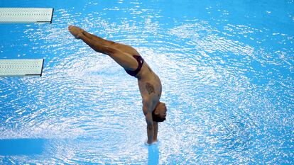 El clavadista mexicano Juan Celaya durante una de sus competencias en los Juegos Panamericanos de 2019.