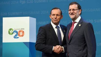 El president del Govern espanyol, Mariano Rajoy, al costat del primer ministre d'Austràlia, Tony Abbott, a la cimera del G-20.