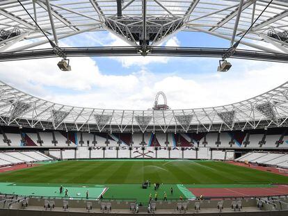 Estadio Olímpico de Londres durante el entrenamiento del West Ham antes del partido que disputará esta noche contra el Domzale esloveno.