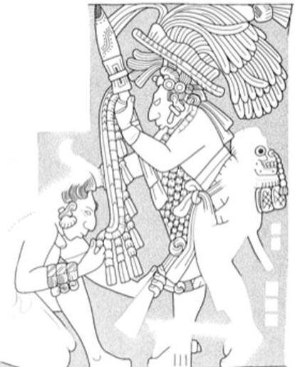 Un grabado de la ciudad maya de Yaxchilán representa al jefe local obligando a un prisionero en actitud de sumisión a besar el escudo de su captor. En la parte baja de la espalda, el rey victorioso lleva un cráneo trofeo.
