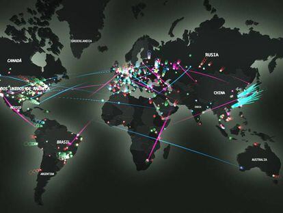 Mapa de ciberataques en tiempo real de la empresa de antivirus Kaspersky.