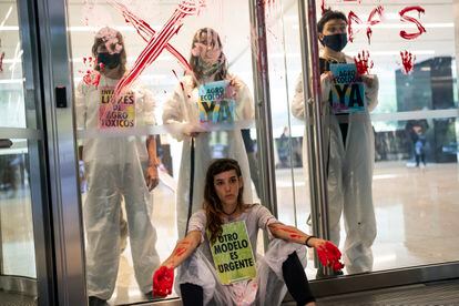 Activistas medioambientales del grupo Extinction Rebllion protestan en las oficinas de la empresa Monsanto, el 13 de mayo de 2022, en Buenos Aires.