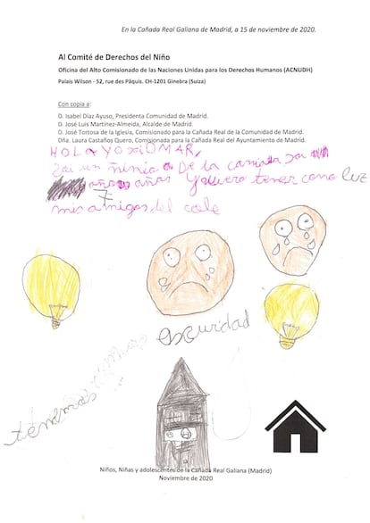 Carta número 28 de niños de la Cañada Real que han mandado a Ayuso, Almeida, los comisionados y la ONU.