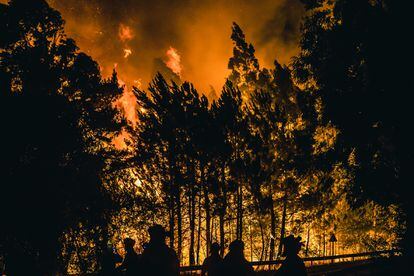 Operarios de las Brigadas de Refuerzo de Incendios Forestales (BRIF) luchan contra las llamas en la madrugada del sábado para extinguir el incendio declarado en el día anterior en la parroquia de Cures.