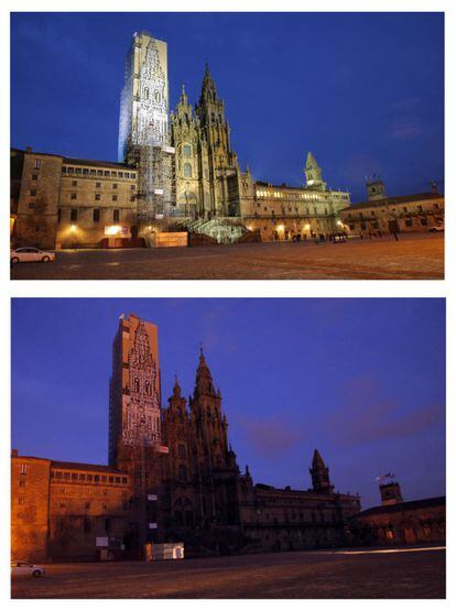 La catedral de Santiago se ha sumado esta tarde a la "Hora del Planeta" con el apagado de la iluminación de la fachada y de la Plaza del Obradoiro Compostelano. .