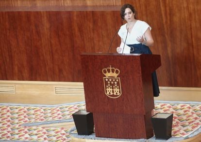 La presidenta de la Comunidad de Madrid, Isabel Díaz Ayuso, durante la segunda jornada del debate sobre el estado de la región.
