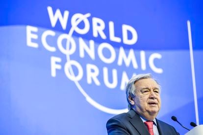 El secretario general de la ONU,  António Guterres, durante su intervención en Davos, este miércoles.